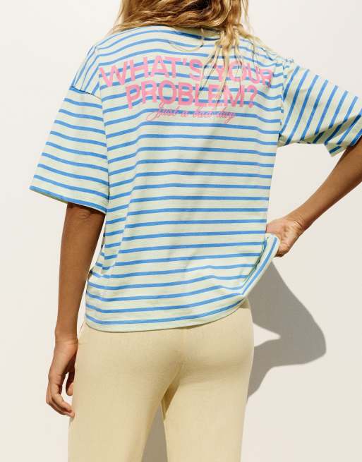 Pull&Bear oversized gestreept T-shirt in blauw/wit, 2 van 7
