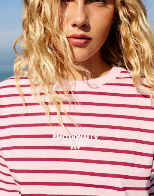 Pull&Bear oversized gestreept T-shirt in bordeauxrood, 2 van 7