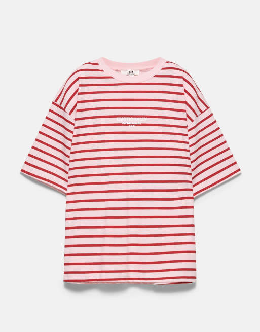 Pull&Bear oversized gestreept T-shirt in bordeauxrood, 5 van 7