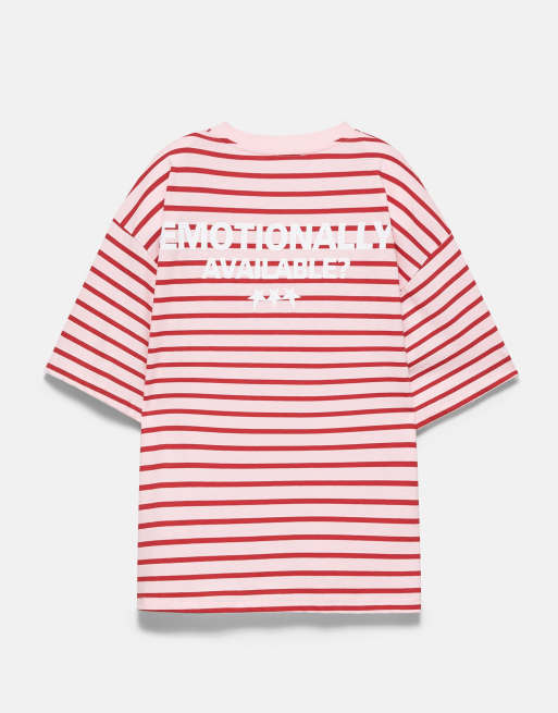 Pull&Bear oversized gestreept T-shirt in bordeauxrood, 7 van 7