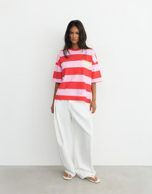 Pull&Bear - Oversized gestreept T-shirt met grafische print in roze, 4 van 4
