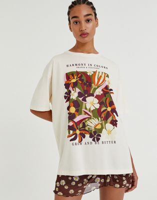 Pull&Bear oversized graphic floral t-shirt in beige