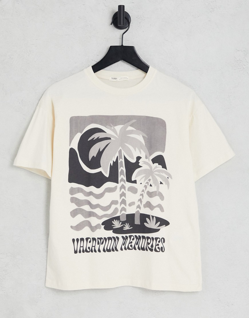 Pull & Bear oversized graphic T-shirt in stone-Neutral