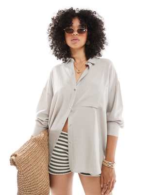 Pull & Bear - Oversized-Hemd in Leinenoptik in Beige-Neutral