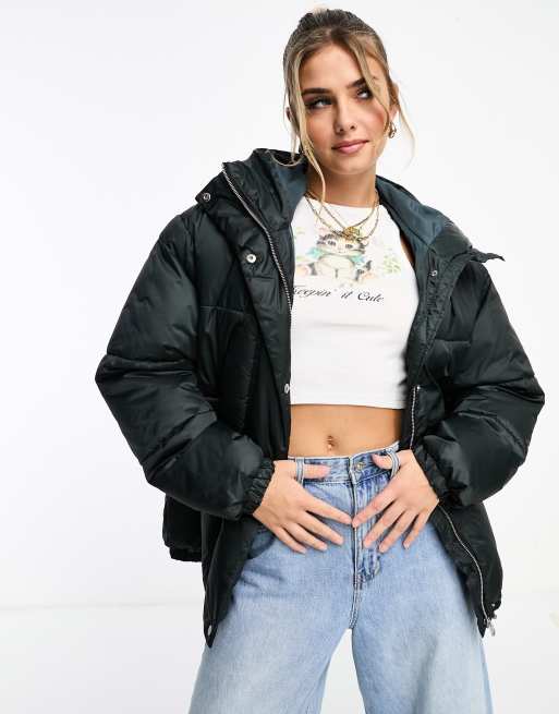 Pull&Bear oversized hooded puffer jacket in dark green