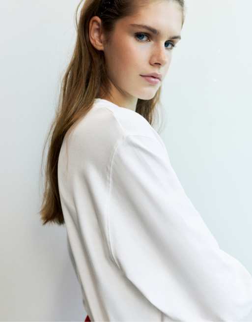 Pull&Bear - Oversized hvid T-shirt med lange ærmer, 3 af 7