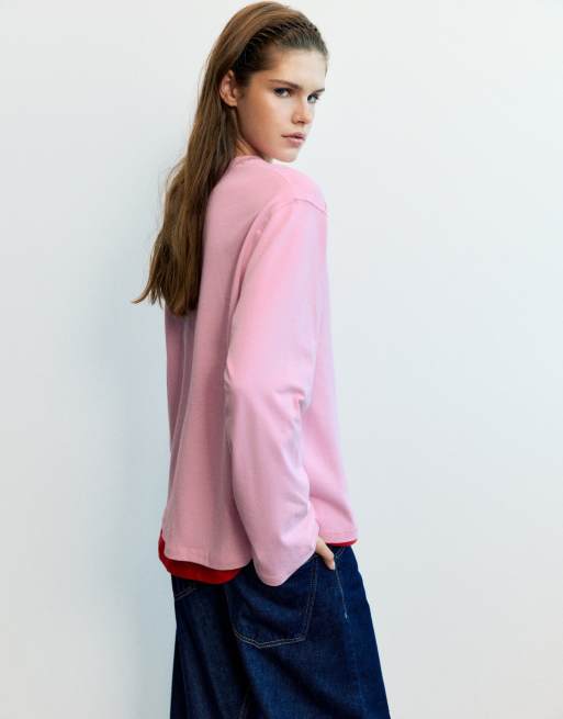 Pull&Bear oversized langærmet T-shirt i pink, 2 af 7