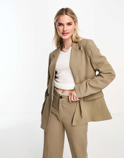 Pull&Bear oversized linen blazer in dark sand (part of a set)