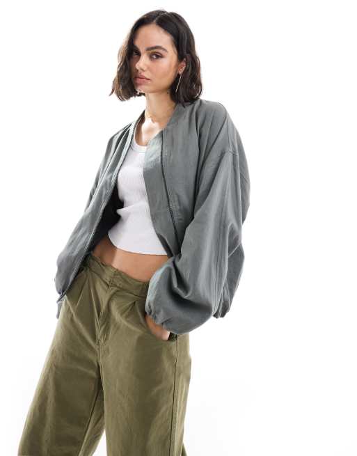 Pull Bear oversized linen blend bomber jacket in dark khaki ASOS