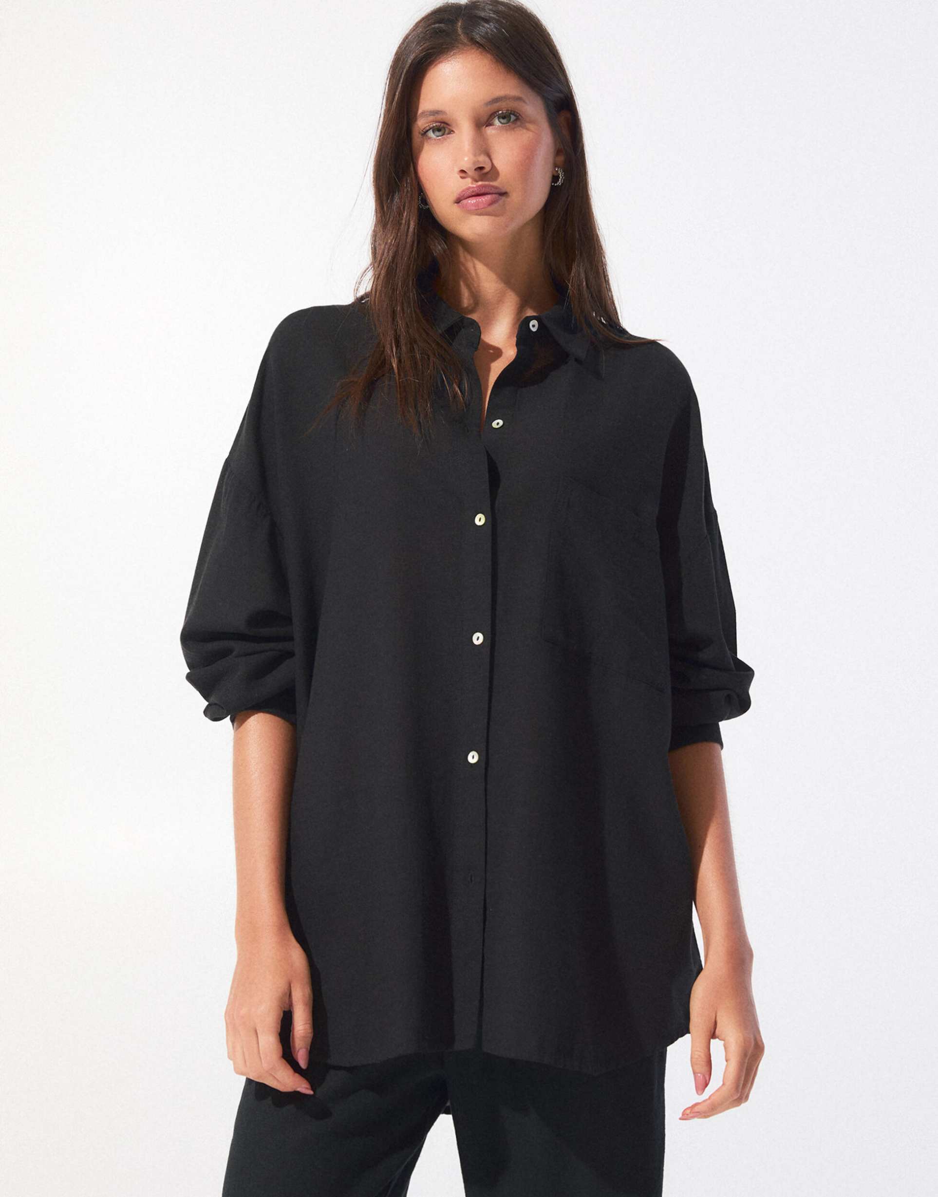 pull&bear oversized linen blend shirt in black