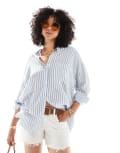 [Pull & Bear] Pull & Bear oversized linen blend shirt in blue stripe XS BLUE