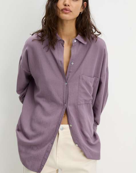 Pull&Bear oversized linen blend shirt in purple - view 1