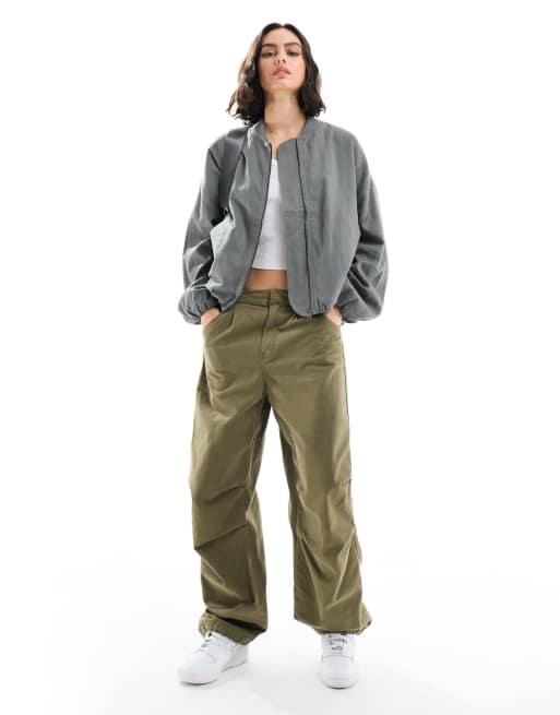 Pull Bear oversized linen look bomber jacket in dark khaki ASOS
