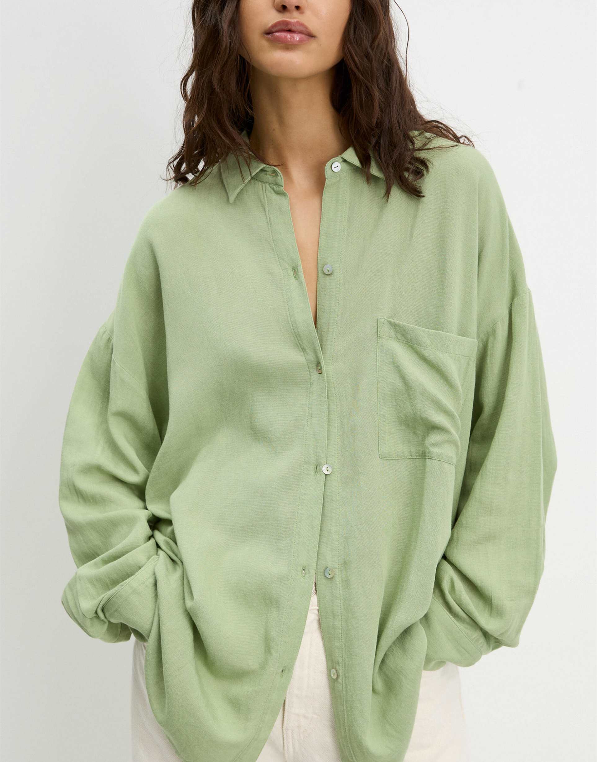 pull&bear oversized linen look shirt in green