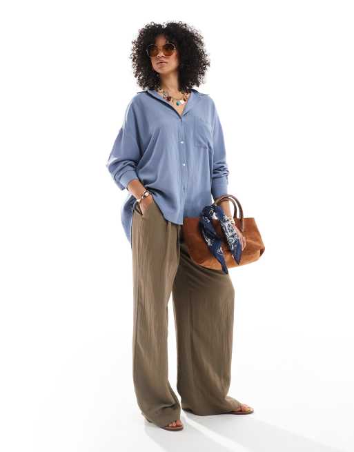 Pull&Bear oversized linen mix shirt in pale blue