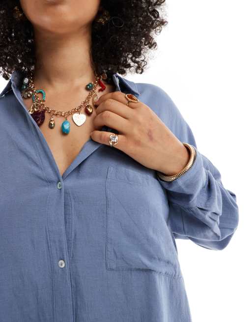 Pull&Bear oversized linen mix shirt in pale blue