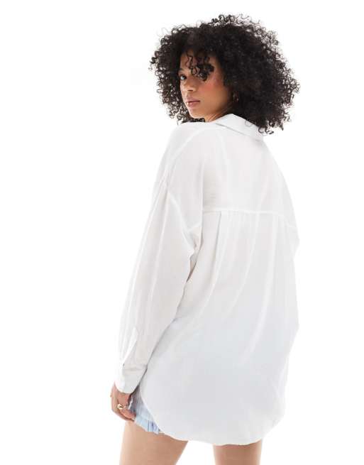 Pull&Bear oversized linen look shirt in white