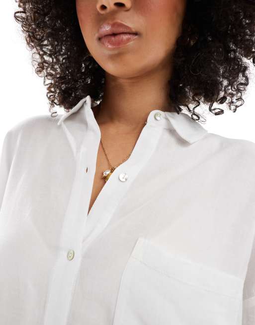 Pull&Bear oversized linen look shirt in white
