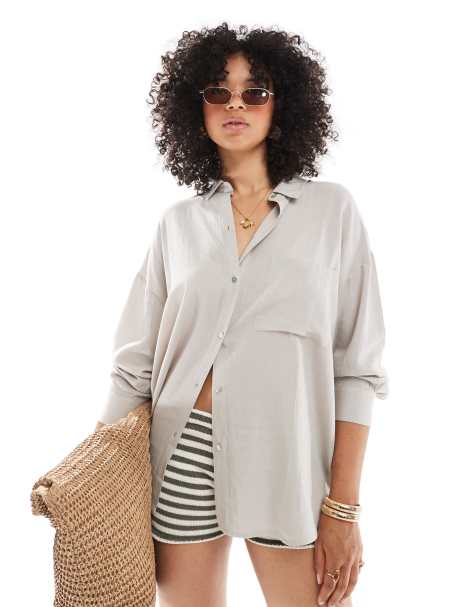 Pull&Bear oversized linen mix shirt in beige - view 1