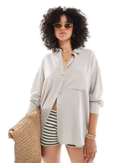 Pull&Bear oversized linen mix shirt in beige