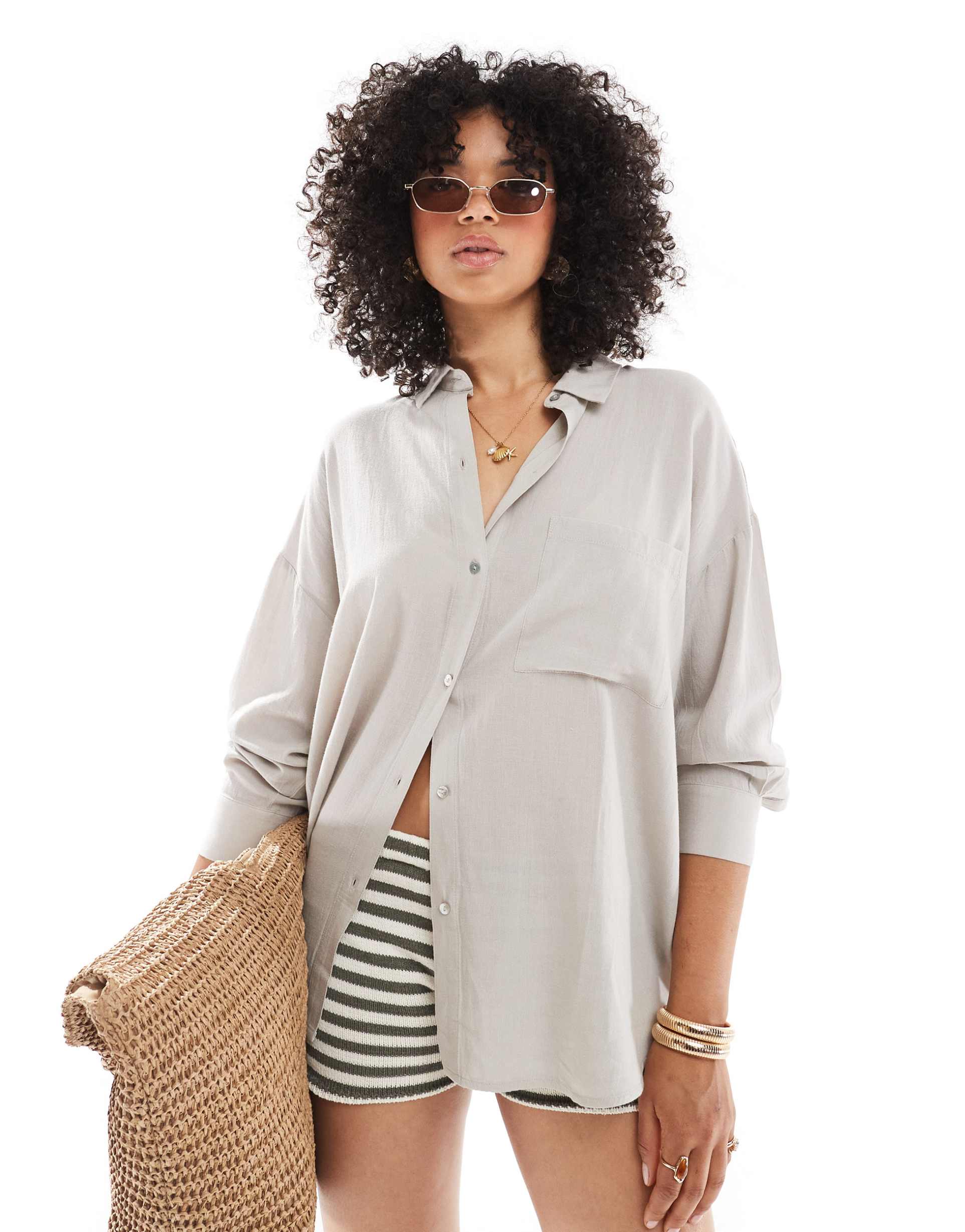 pull&bear oversized linen mix shirt in beige