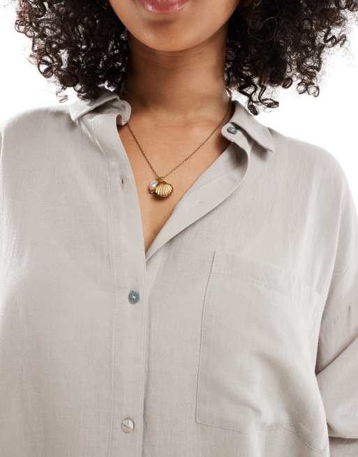 Pull&Bear oversized linen mix shirt in beige