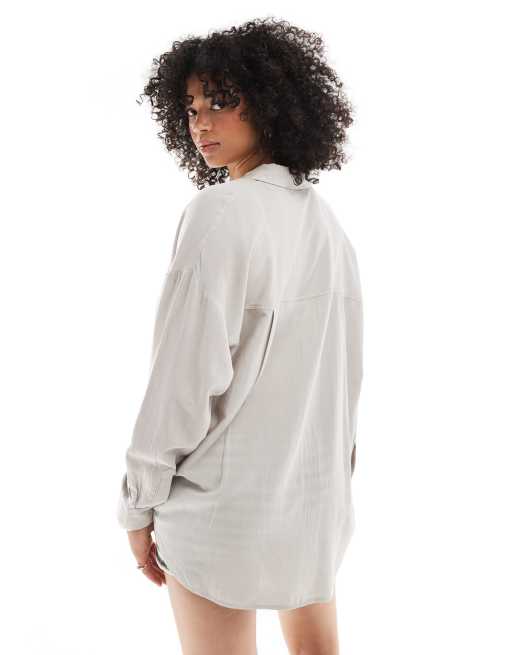 Pull&Bear oversized linen mix shirt in beige
