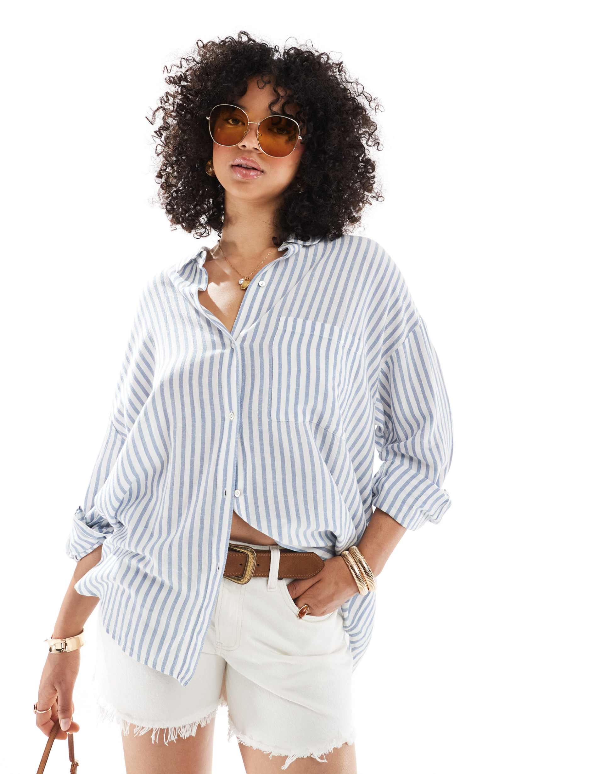 pull&bear oversized linen mix shirt in blue stripe