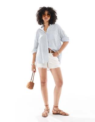 Pull&Bear oversized linen mix shirt in blue stripe