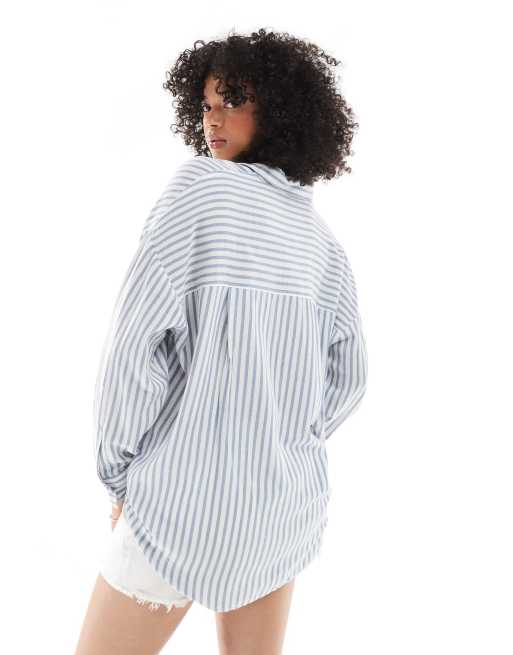 Pull&Bear oversized linen mix shirt in blue stripe