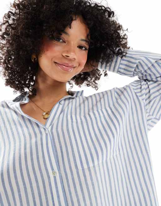 Pull&Bear oversized linen mix shirt in blue stripe