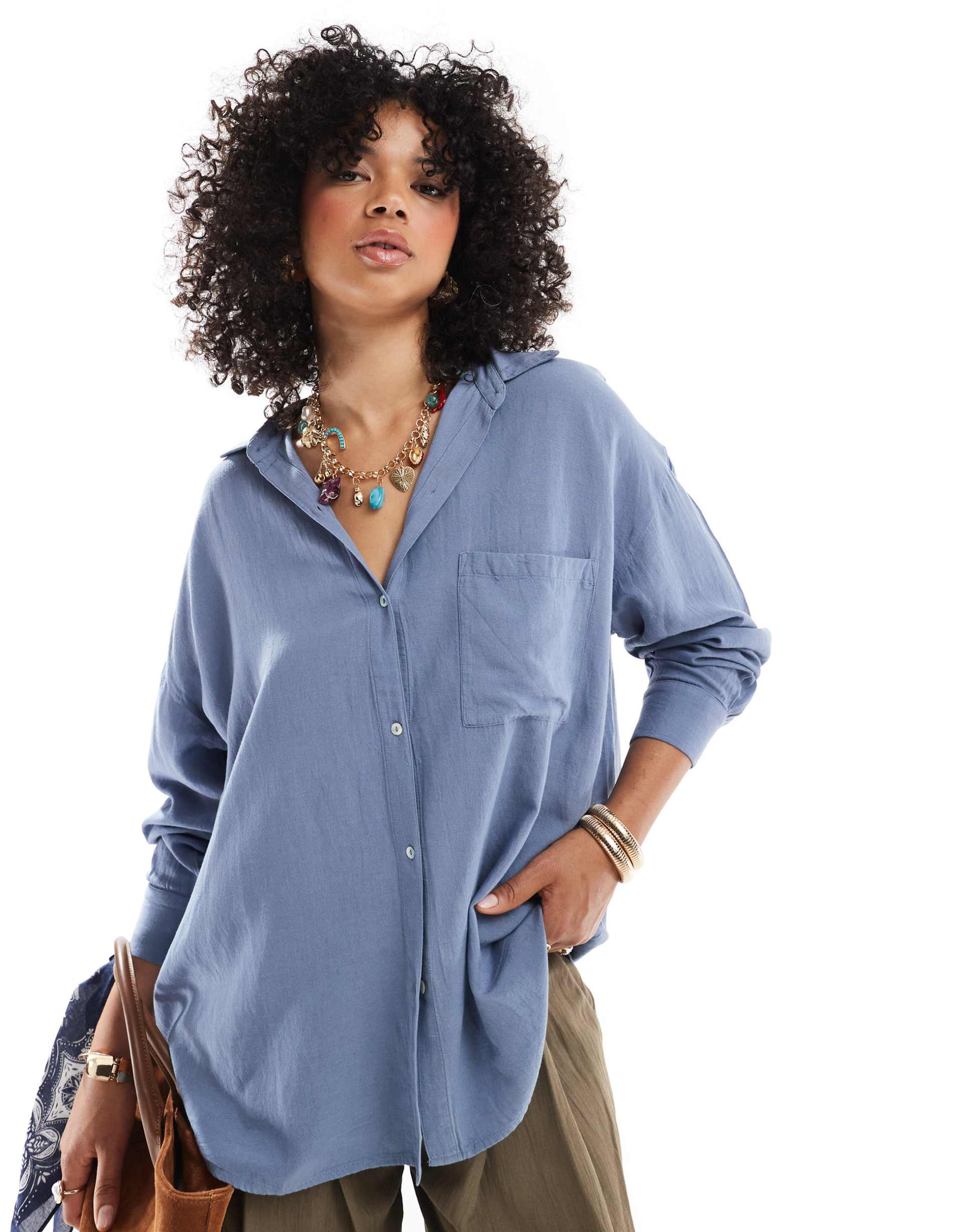 pull&bear oversized linen mix shirt in pale blue