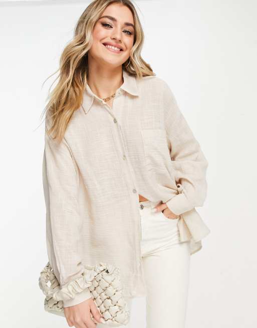 Pull&Bear oversized linen shirt in sand | ASOS