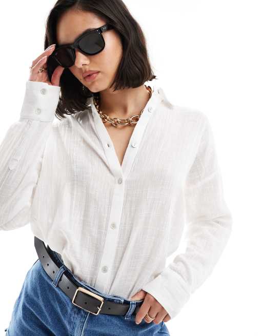  Pull&Bear oversized long sleeve linen look shirt in white