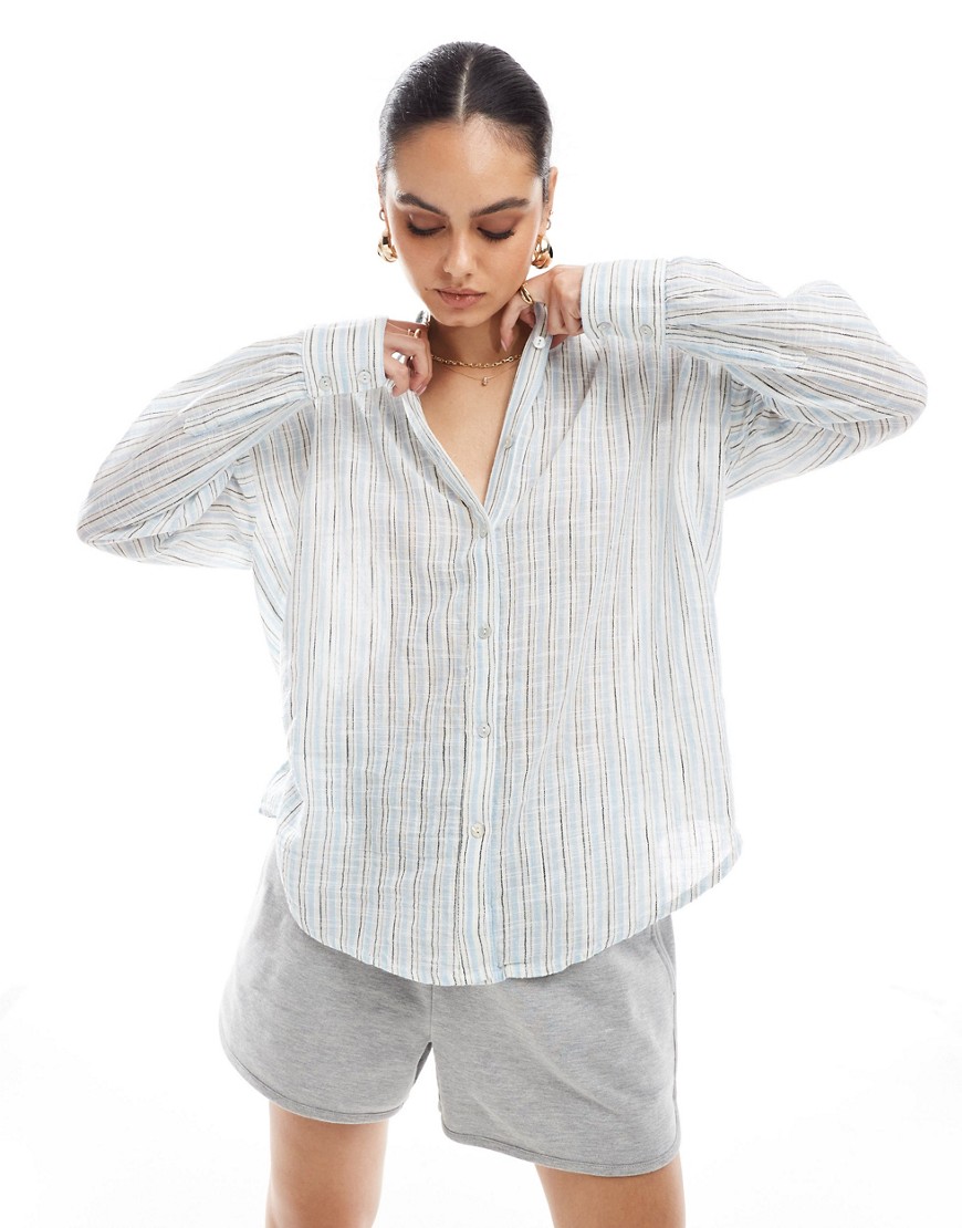 Pull & Bear oversized long sleeve linen shirt in blue stripe