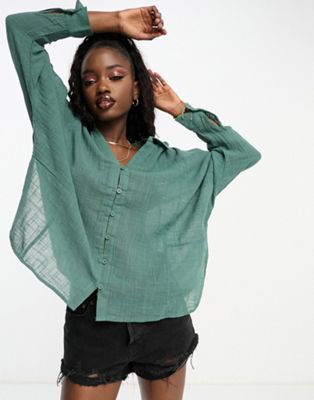 Pull&Bear oversized long sleeve linen shirt in dark green