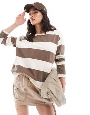 Pull & Bear Oversized Long Sleeve T-shirt In Brown Stripe