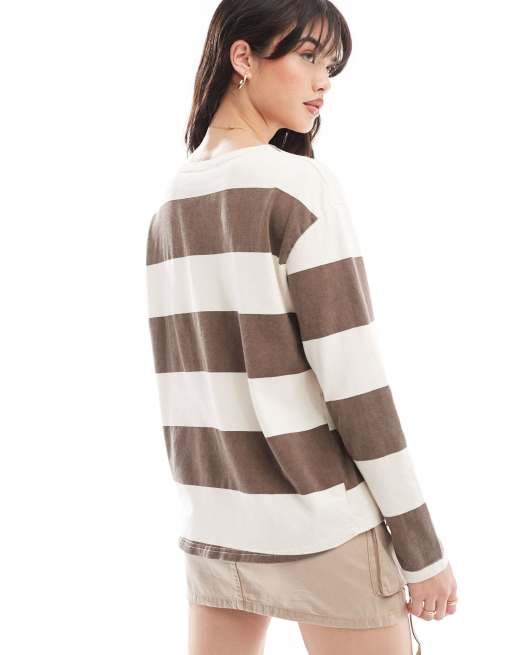 トップス STRIPED WOOL OVERSIZED LONG SLEEVE TEE Y2k Striped Tee Shirts Women Long Sleeve Color Block Slim