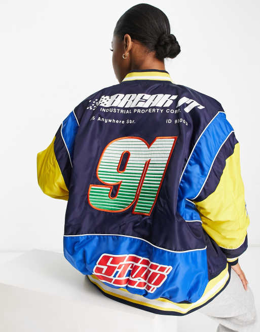 Pull&Bear oversized motorcycle jacket in navy with contrast navy and yellow panels