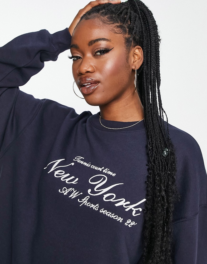 Pull & Bear oversized New York slogan crewneck sweatshirt co-ord in navy blue
