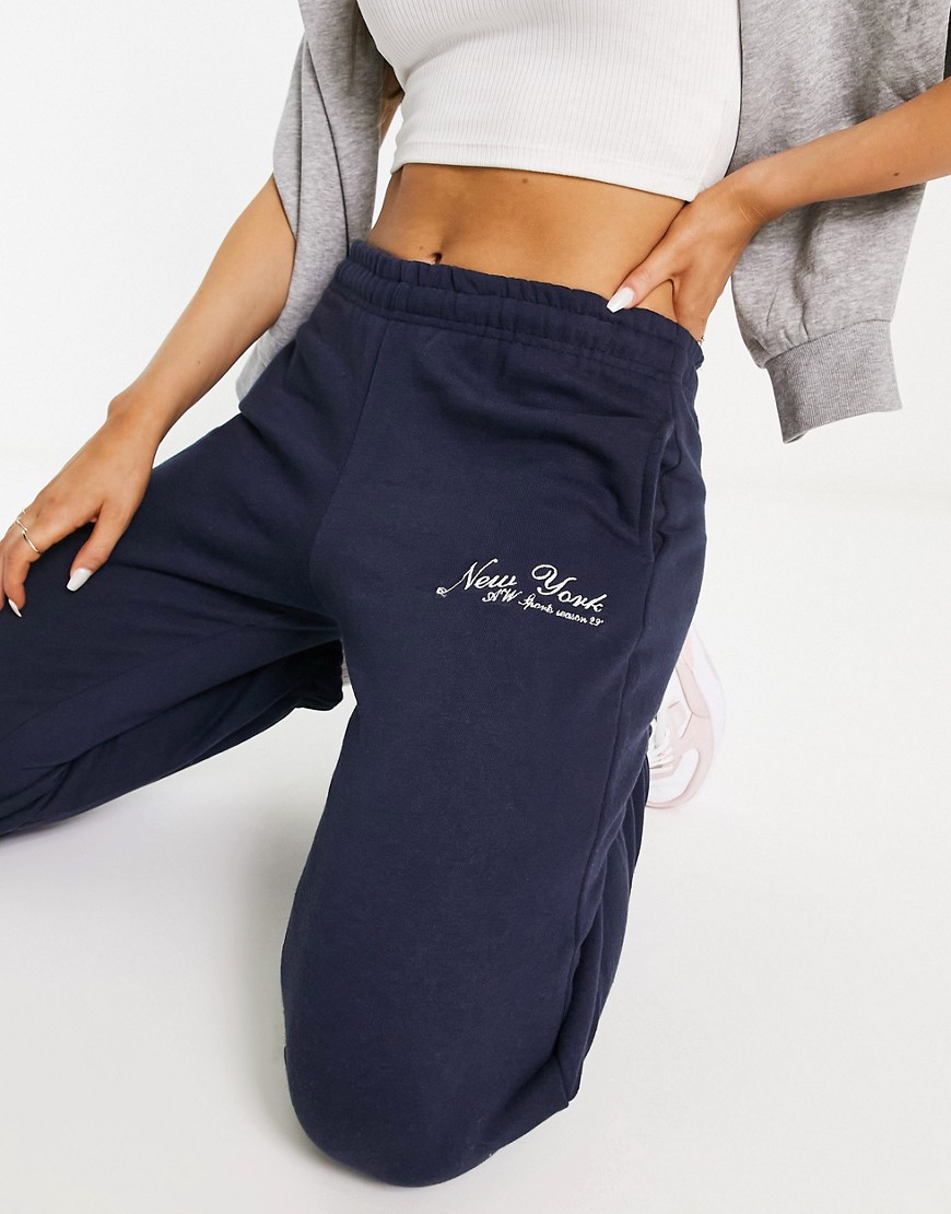 Pull & Bear oversized New York slogan sweatpants in navy blue - part of a set