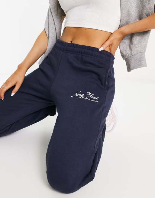 Pull&Bear oversized New York slogan sweatpants in navy blue - part of a set