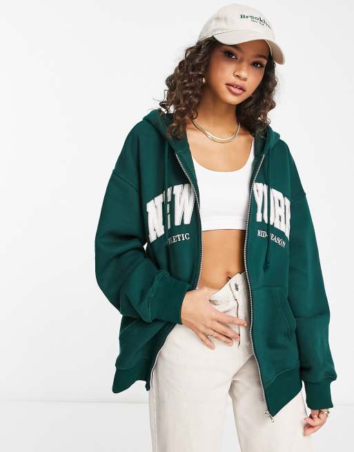 Pull&Bear oversized New York zip front slogan hoodie co-ord in green