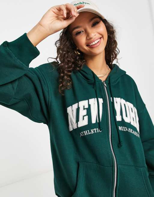 Pull&Bear oversized New York zip front slogan hoodie co-ord in green