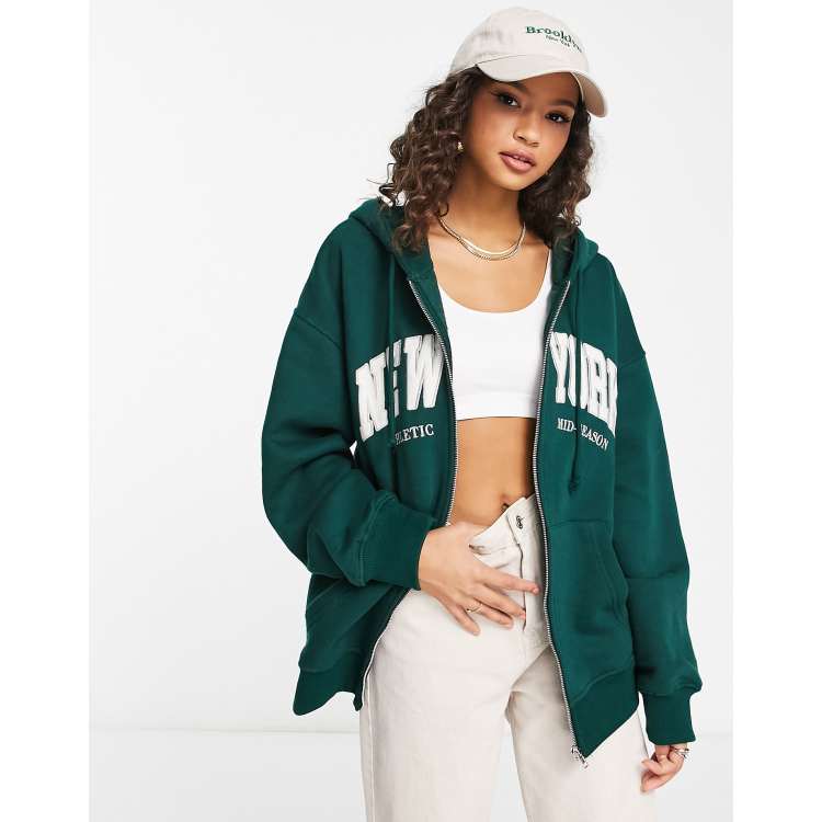 Pullu0026Bear oversized New York zip front slogan sweatshirt in green - part of  a set | ASOS