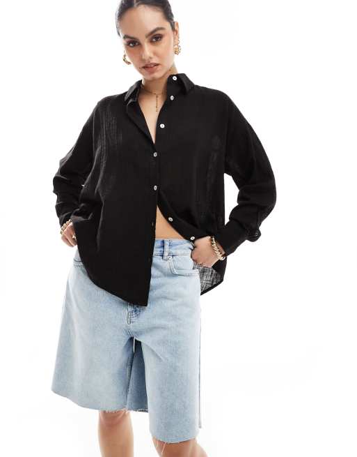 Pull&Bear - Oversized overhemd met lange mouwen en linnen-look in zwart