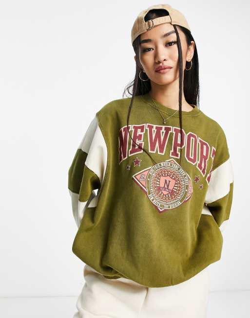 Pullu0026Bear oversized panelled newport slogan sweatshirt in green | ASOS