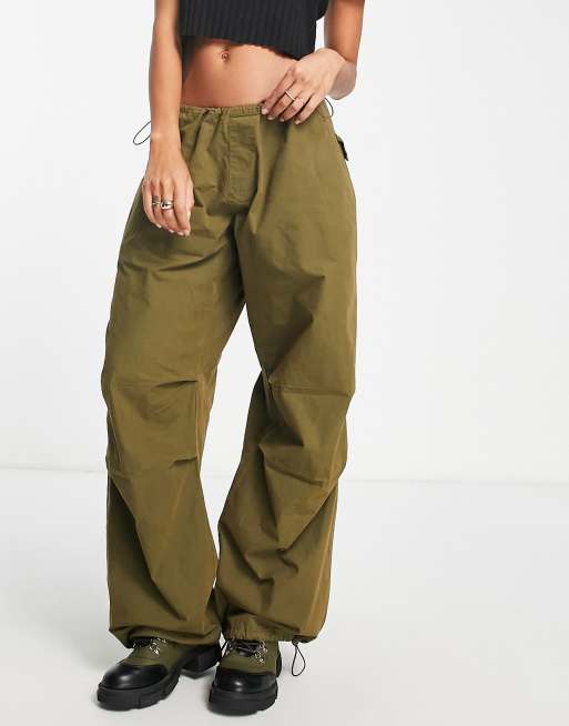 Pull&Bear oversized parachute pants in khaki
