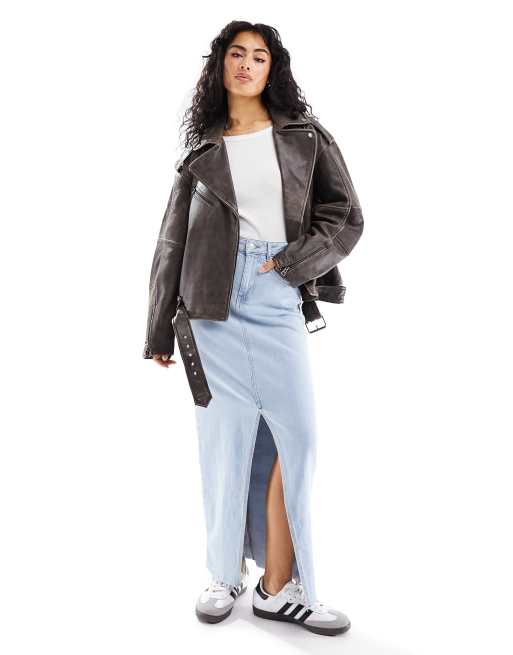 Pull&Bear - Oversized pilotenjack van echt leer in vintage bruin met wassing