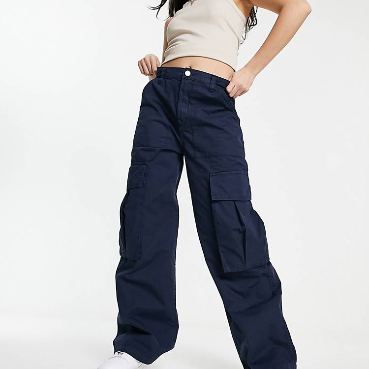 Pull&Bear oversized pocket straight leg cargo pants in navy